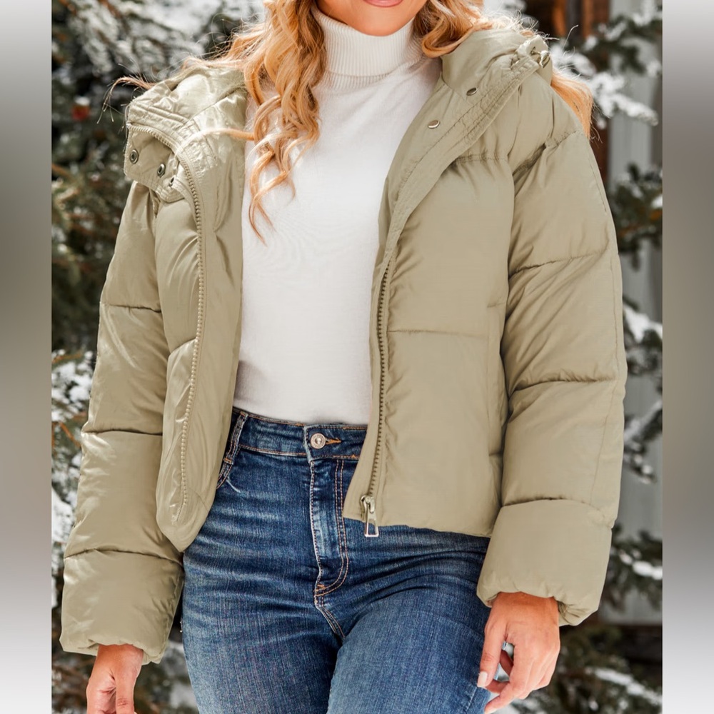 Cupshe Khaki Front Zipper Puffer Jacket Hooded women’s Size L NWT Polyester